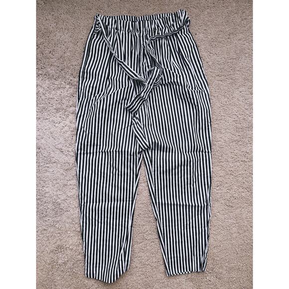 Zara Striped Paperbag Pants XS Black Belted Preppy Career Minimal Coastal Fall - Picture 3 of 6